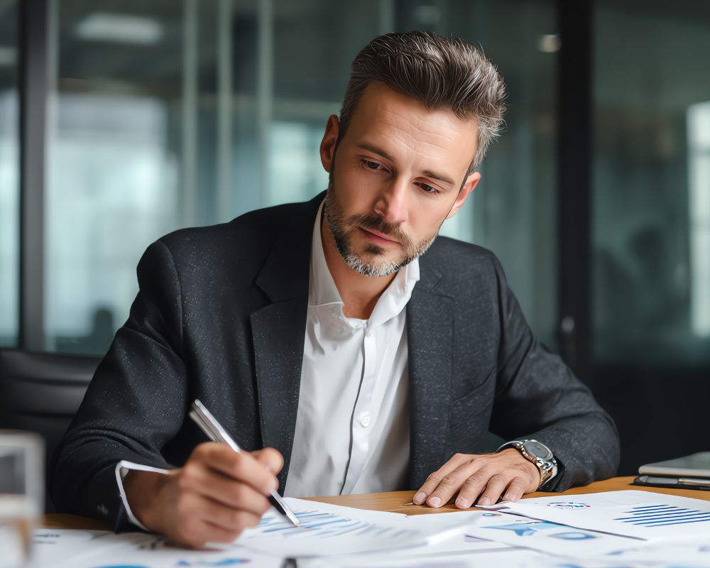 Finance leaders reviewing management information with AI-assisted analysis