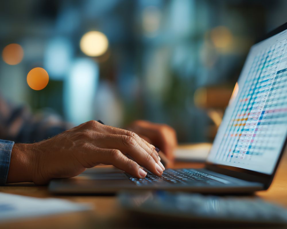 Close-up of hands working on a laptop showing a detailed finance spreadsheet